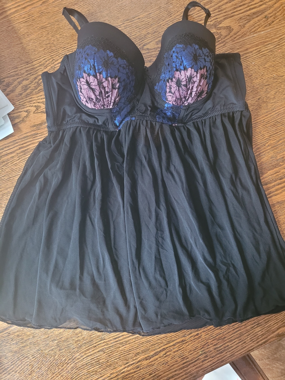 Frederick's of Hollywood Black Babydoll Chemise with Purple & Blue Lace